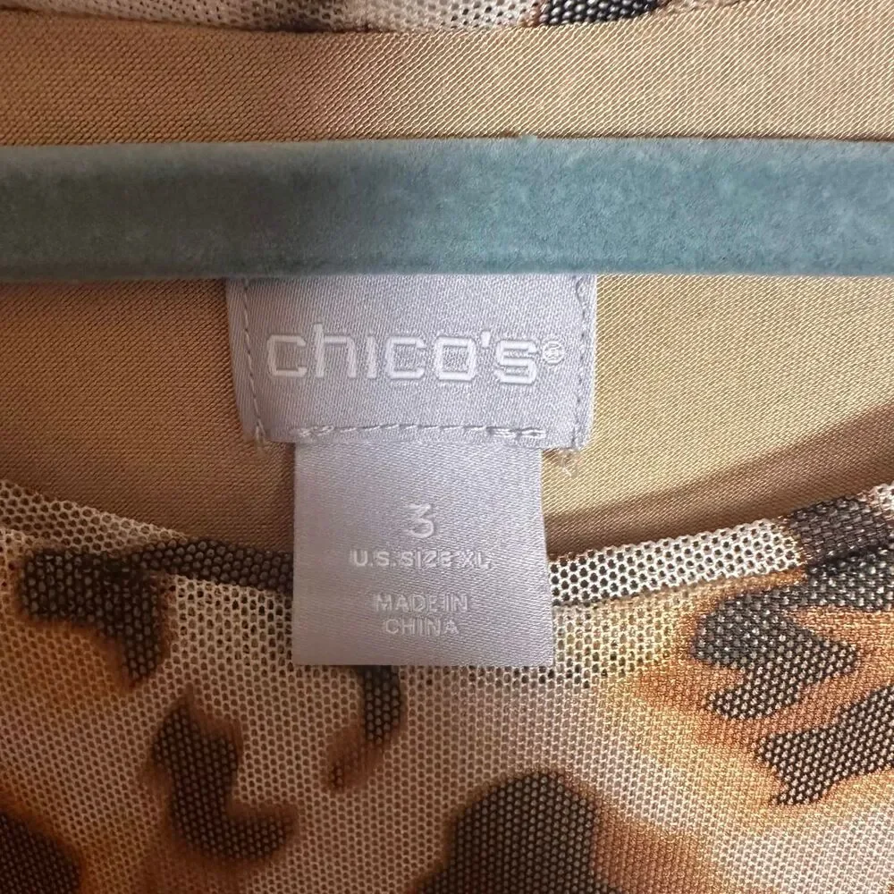 Chico's Leopard Print Mesh Overlay Side Tie Blouse XL Sz 3 3/4 Sleeve Top - Picture 4 of 8
